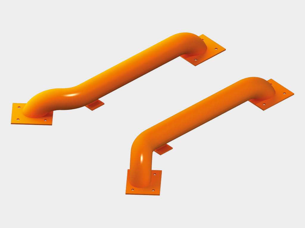 Направляющие для колес предназначены для обеспечения быстрой и точной парковки автомобиля в доке и защиты герметизаторов и стен здания от повреждений. Направляющие разработаны таким образом, чтобы свести к минимуму возможный контакт с ободом колеса автомобиля. Они представляют собой стальные трубы диаметром 159 мм с отводами для крепления. Базовый цвет – RAL 2004, также возможны покраска в любой цвет по карте RAL или горячеоцинкованное исполнение. Направляющие устанавливаются на площадке перед доком двумя способами — на анкерных болтах и с помощью бетонирования.